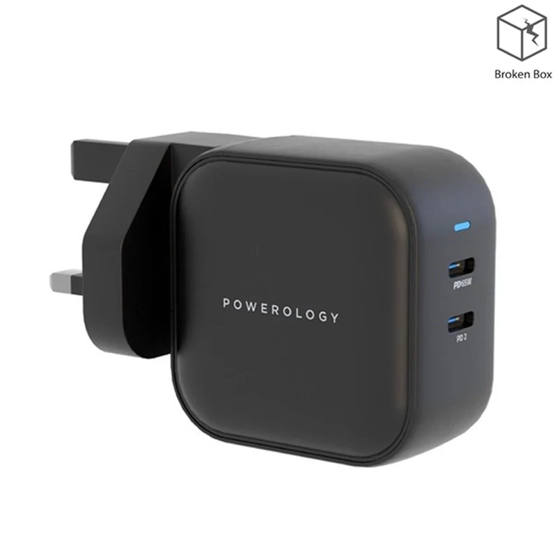 Powerology 65W Dual PD GaN Charger Dual Type-C Power Delivery, Black, PWCUQC007-BK - Open Box