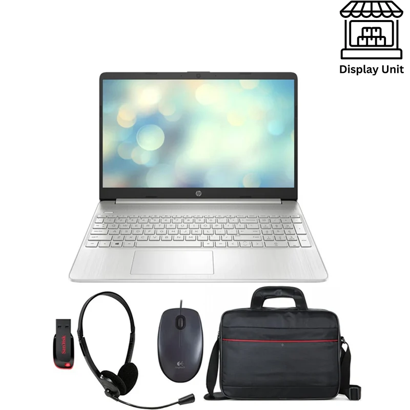 HP Laptop 15.6" HD, Intel Celeron N4120, 4 GB, 256 GB SSD, Silver-English keyboard + Bag + Mice + Headest + Flash 32 GB - Display Unit