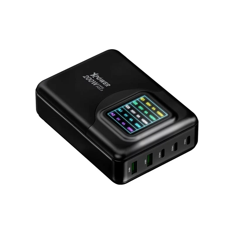 Xpower GW200B 200 Watts 4 Output PD 3.0/QC/SCP Gan Wall Charger, Black