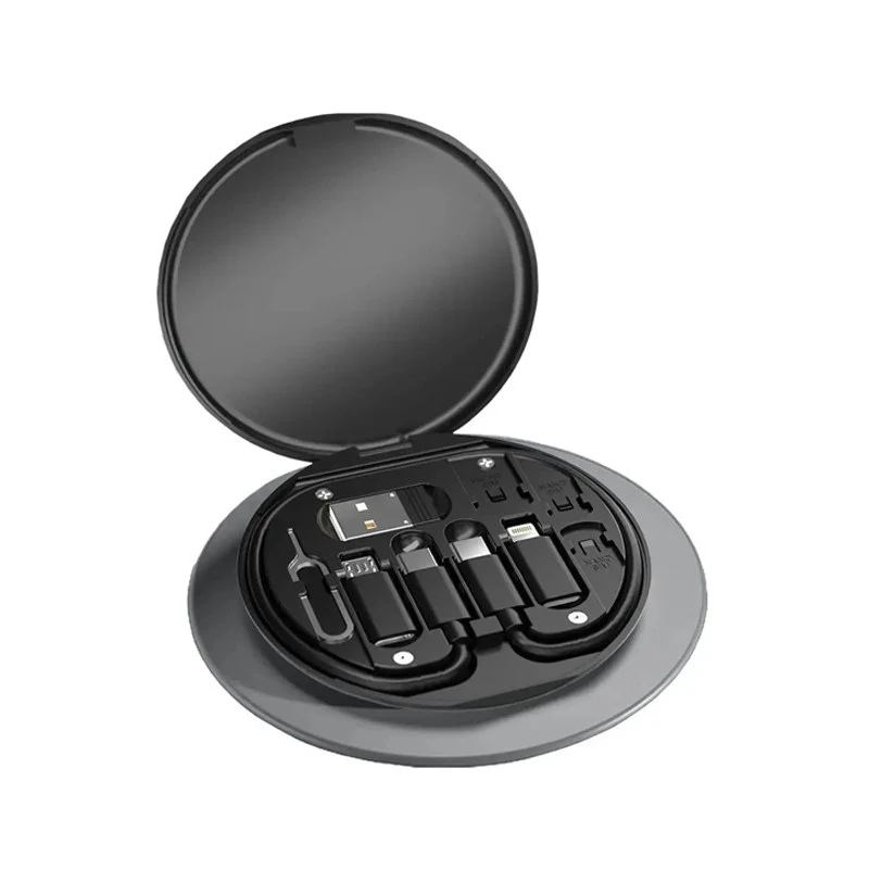 Multifunctional Storage Box & 60W Fast Charge Data Cable Set, Type-C, Micro and Mobile Phone Bracket - Black