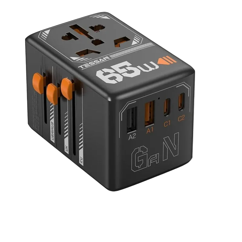Tessan Universal Travel Adapter, GaN 65W Power Adapter, International Plug Adapter with 2 USB C and 2 USB Charging Ports, Worldwide Power Outlet, All in 1 Wall Charger Converter