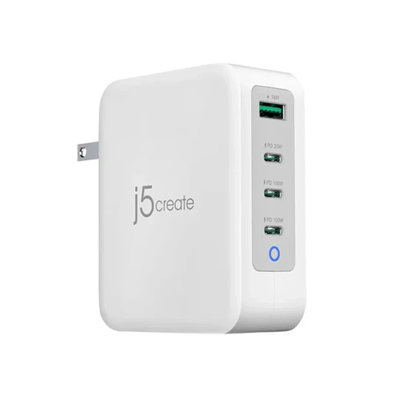 j5create JUP43130F 130W GaN USB-C 4-Port Charger - UK, White & Grey
