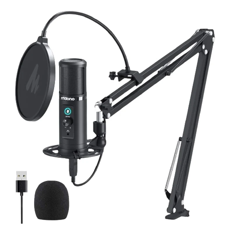 Maonocaster AU-PM422 USB Microphone Stand With Zero Latency Monitoring Professional Cardioid Condenser Microphone with Touch Mute Button and Mic Gain Button for Recording, Podcasting - Black