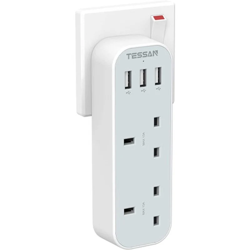 Tessan Extension Plug Adapter, Extension Plug Adapter With 3 Usb, 2 Way Multi Plugs Extension Adapter, 13A Uk 3 Pin Wall Charger Sockets Power Extender For Home, Kitchen, Office