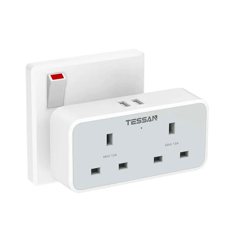 Tessan Extension Plug Adapter, Double Plug Adaptor With 2 Usb, 2 Way Multi Plugs Extension Adapter, 13A Uk Dual Surge Protected Wall Charger Power Socket For Home, Office, Kitchen, Pc