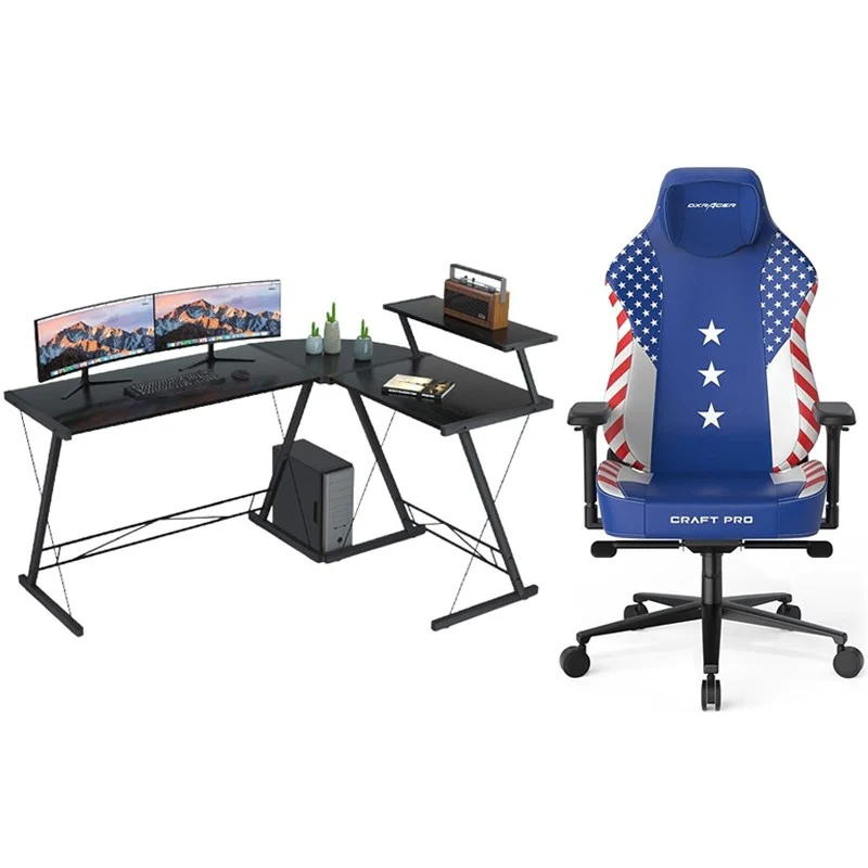 DXRacer Craft Pro Dream Team Gaming Chair Blue/White with GAMEON 3in1 L-Shaped Slayer II XL Series Gaming Desk - Black