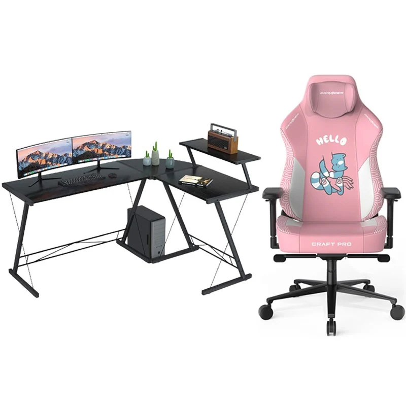 DXRacer Craft Pro Hallo Cat Gaming Chair - Pink with GAMEON 3in1 L-Shaped Slayer II XL Series Gaming Desk - Black
