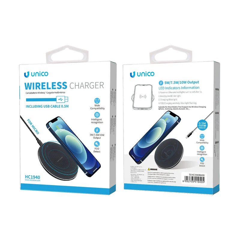 HC1940 Cargador inalámbrico 10W (Incluye cable Micro Usb 0.5m 2A)