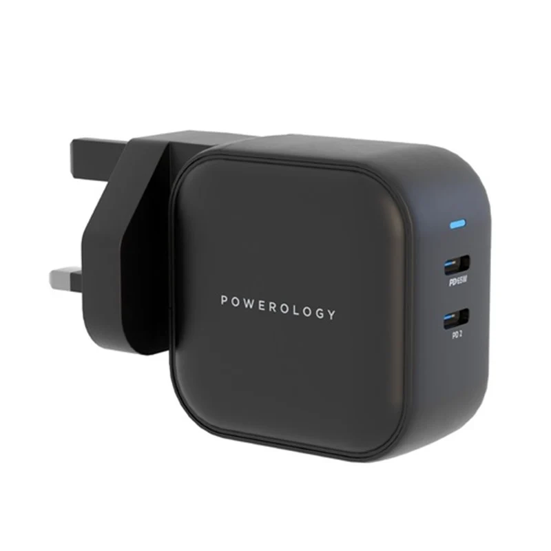 Powerology 65W Dual PD GaN Charger Dual Type-C Power Delivery, Black, PWCUQC007-BK