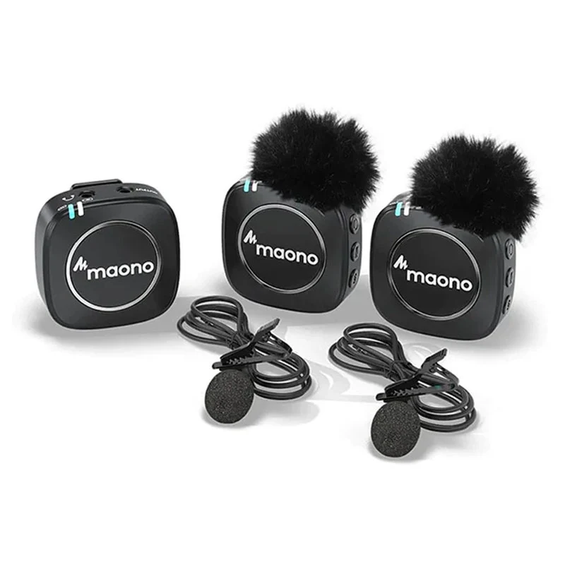 Maonocaster AU-WM820A2 Dual-Person Compact Wireless Lavalier Microphone 2.4GHz with Real-time Monitoring and 22-Level Gain Adjustment for Interview, Vlogging, Live Streaming, Phone, Camera - Black