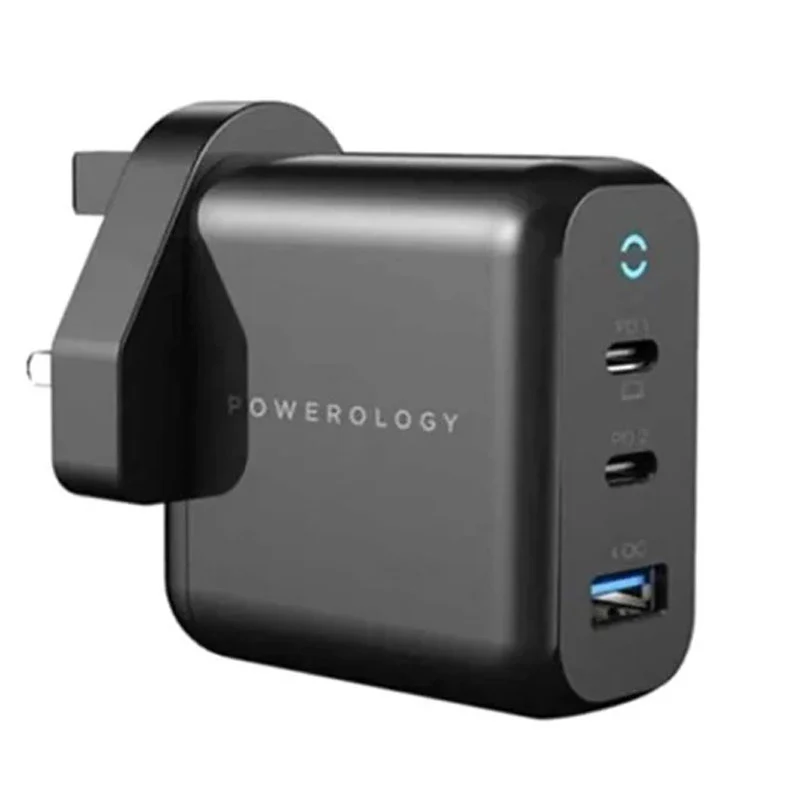 Powerology Wall Charger EU, 65W 3-Output with PD EU GaN Wall Charger with USB-A Fast Charging, MacBook Pro and Bottom Fast Charging Adapter, Black, P65PDWEUBK