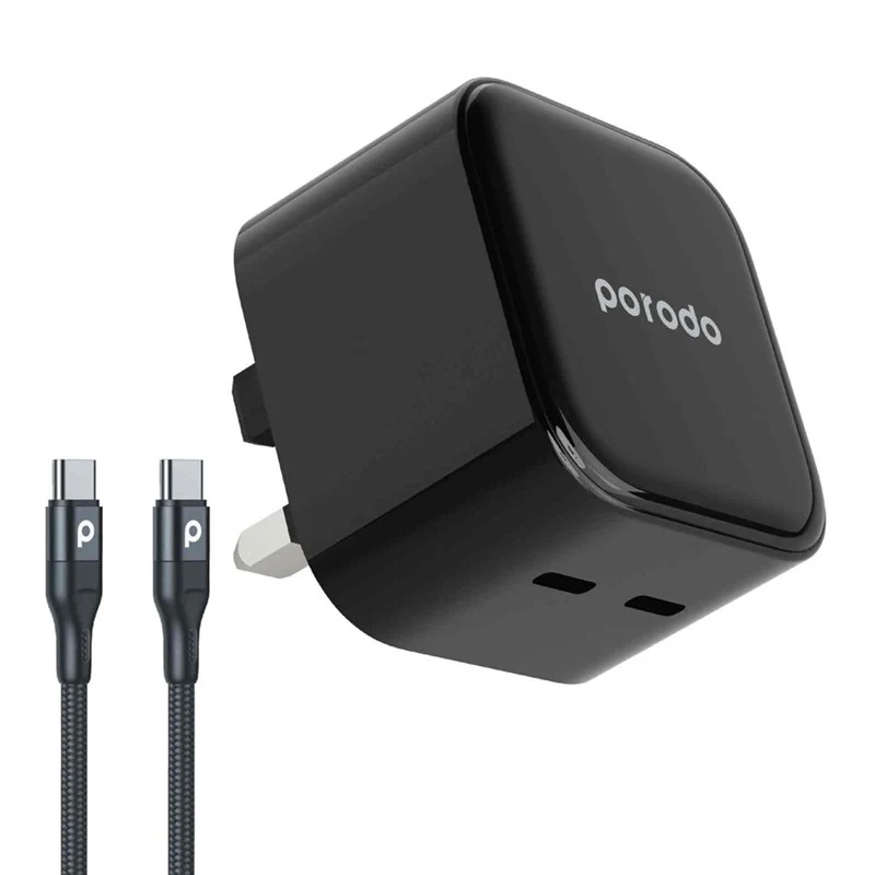 Porodo Super-Fast Dual USB-C Wall Charger With 1.2m Type-C To Type-C Cable, Black