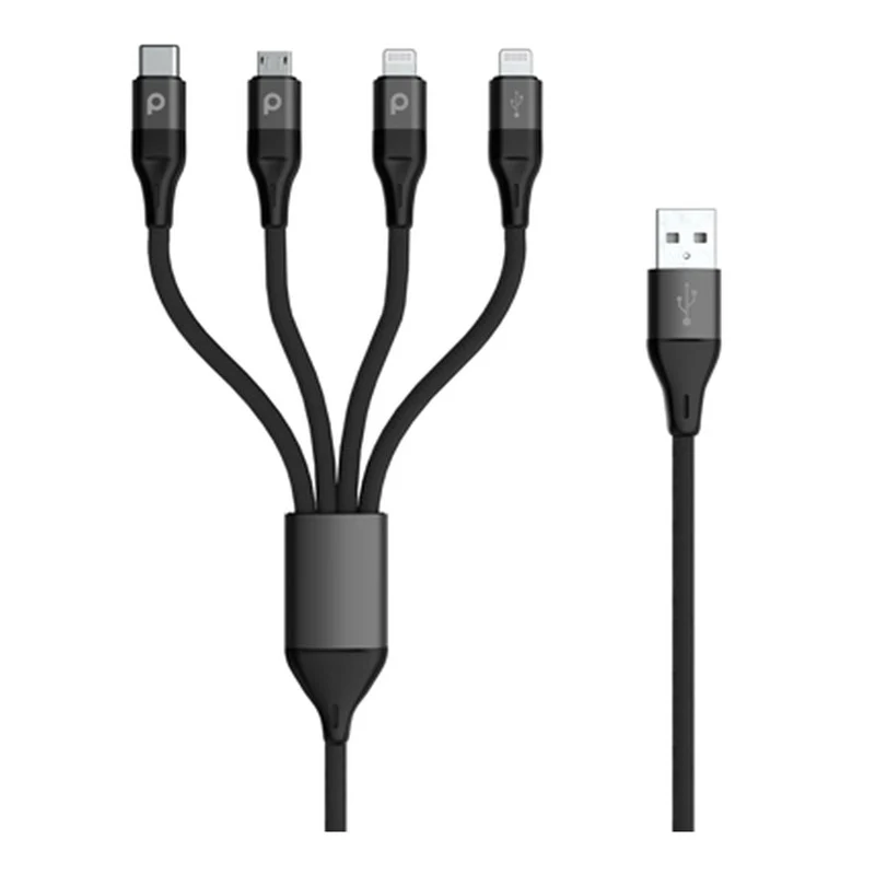 Porodo 4in1 Aluminum Braided Fast Charge Cable (1.2m/4ft), Black.