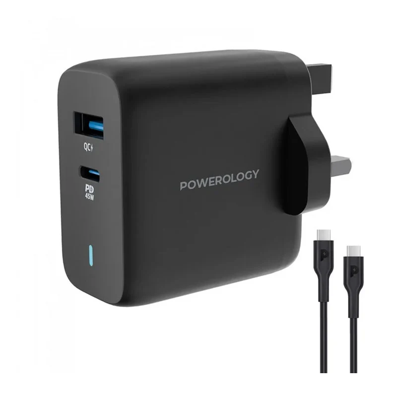 Powerology 63W Ultra-Quick GaN Charger 45W PD & USB-A Quick Charge 18W QC3.0 With 60W Type-C To Type-C Cable, PWCUQC004-C