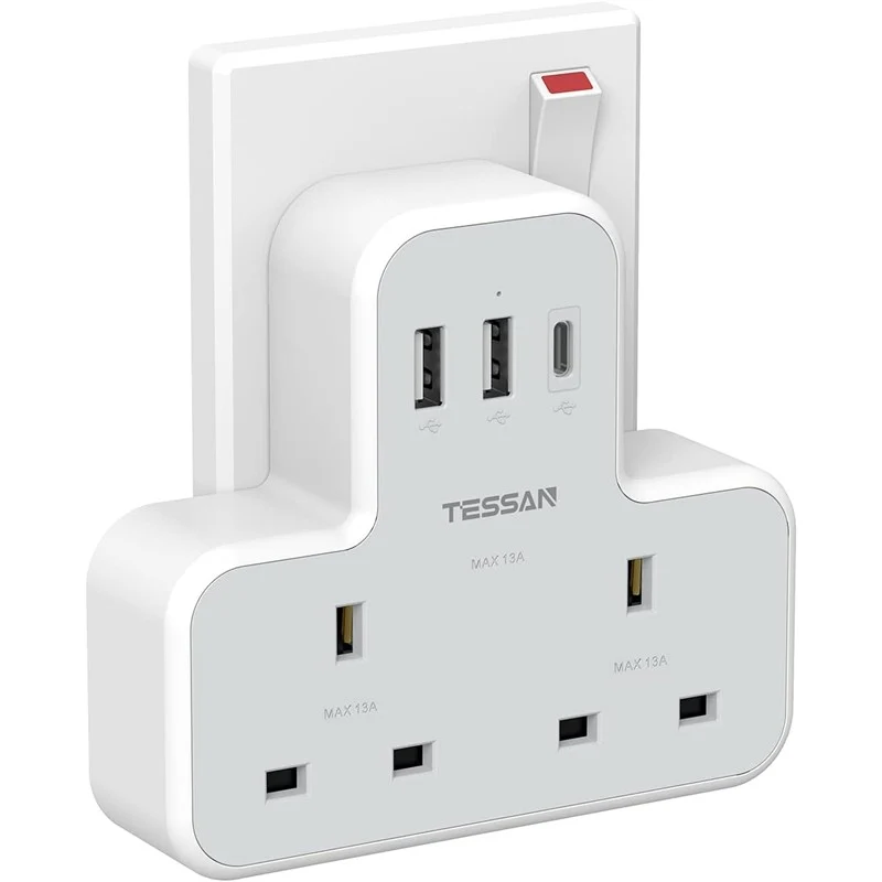 Extension Plug Adapter, TESSAN Double Plug Adaptor Multi Plug Extension, 2 Way Double Plug with USB C Fast Charger Plug, Slim Multiple Plug Socket UK for Kitchen, Office