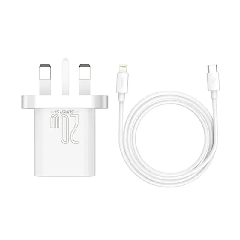 Baseus Super Si Quick Charger 1C 20W UK Sets White（With Superior Series Fast Charging Data Cable Type-C To IP PD 20W 1M White)