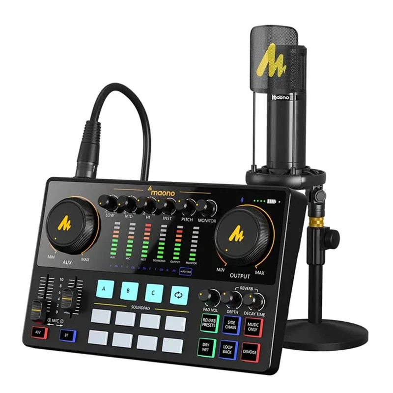 Maonocaster AME2A All-In-One Podcast Equipment Audio Interface Bundle with XLR Condenser Microphone for Recording, Streaming, Voice Over, Youtube, PC, Guitar - Black