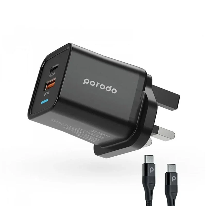Porodo Dual Port PD + USB-A ( 35W+18W) Charger With Type-C To Type-C Cable, black