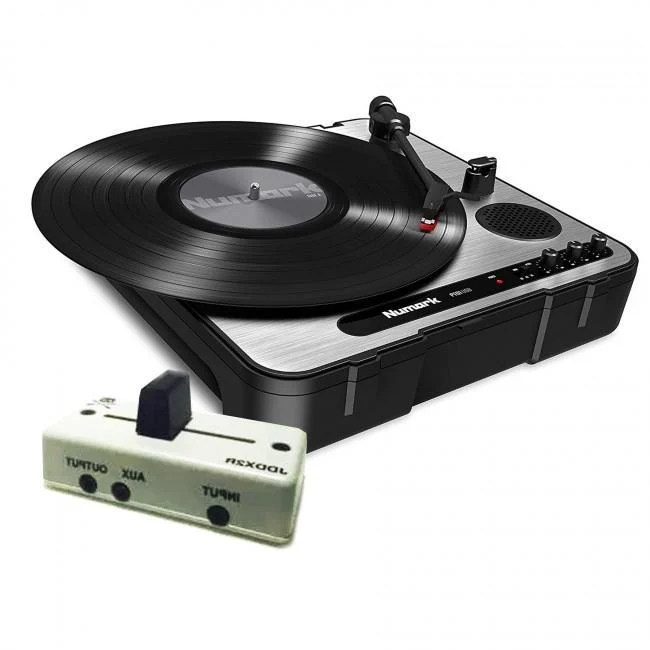 Numark PT01 USB Portable Turntable with Jesse Dean JDDX2R Fader in Hi Roller White