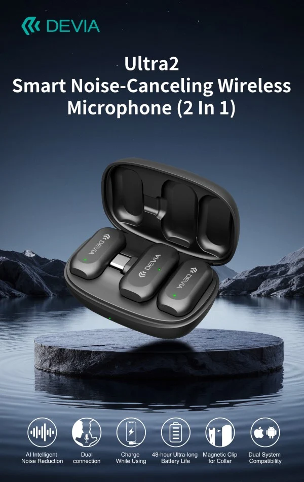 Doppio Microfono Wireless con Riduzione Rumore AI e Clip Magnetica connessione tipo-C e Lightning