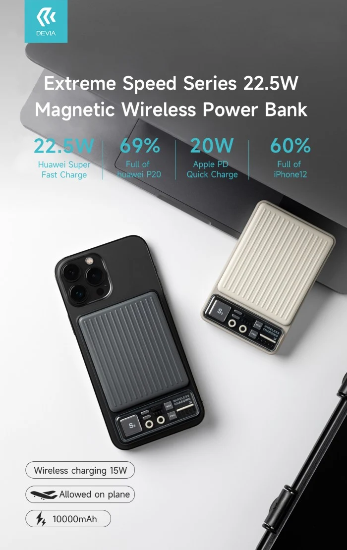 Power bank Devia carica rapida 22.5w wireless magnetico 10.000mah grigio scuro DEPB10M997G