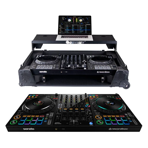 Pioneer DJ DDJ-FLX10 + Odyssey 810GSFLX101UM2 I-Board 1U Flight Case with Glide Style Laptop Platform and Wheels