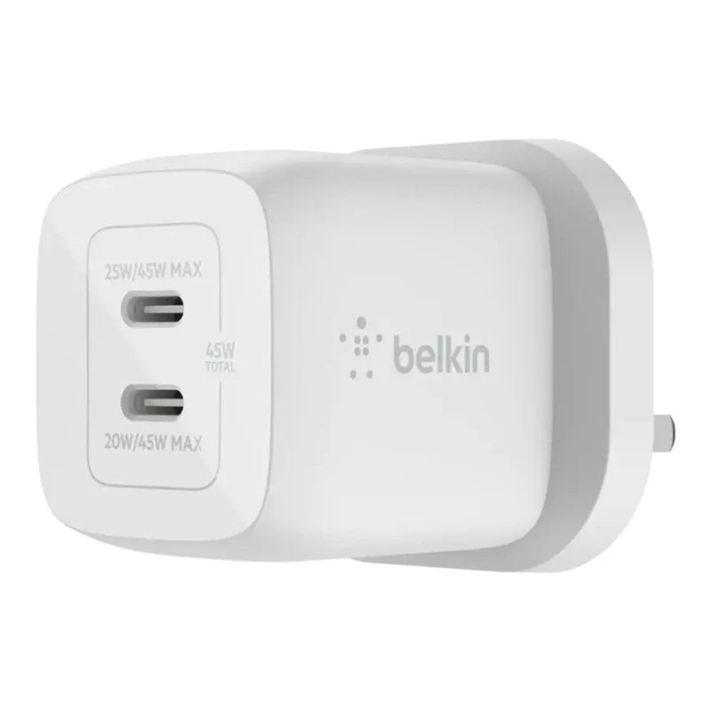 Belkin 45W Dual USB Type-C Wall Charger, Fast Charging Power Delivery 3.0 with GaN Technology