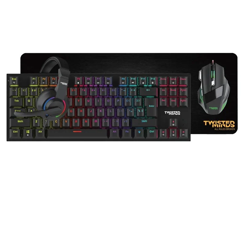 Twisted Minds 4in1 Gaming Bundle, Wired Keyboard DPI Adjustable Mouse, Rainbow Static Headset, Mouse Pad