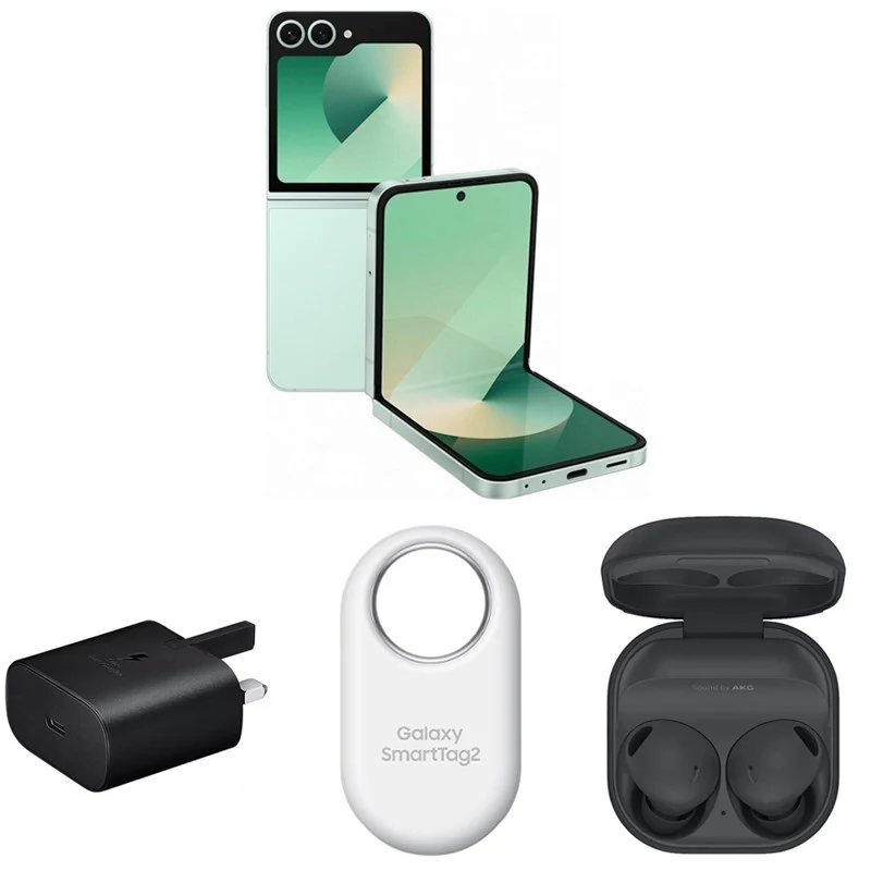 Samsung Z Flip6 6.7" 256 GB 12 GB RAM, Mint with Buds Pro2 with SmartTag2 with 25W Adapter
