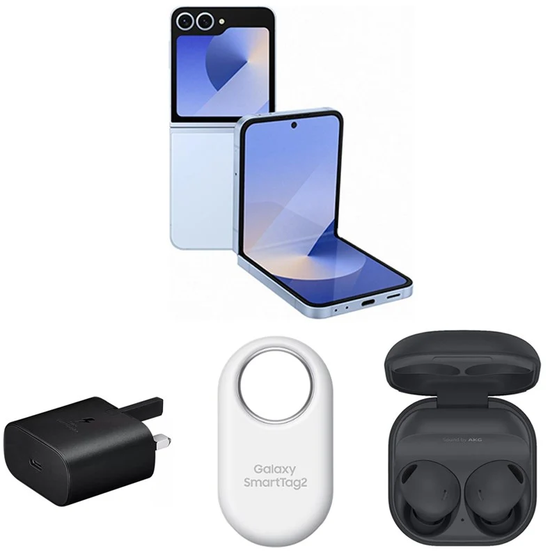 Samsung Z Flip6 6.7" 256 GB 12 GB RAM, Blue with Buds Pro2 with SmartTag2 with 25W Adapter
