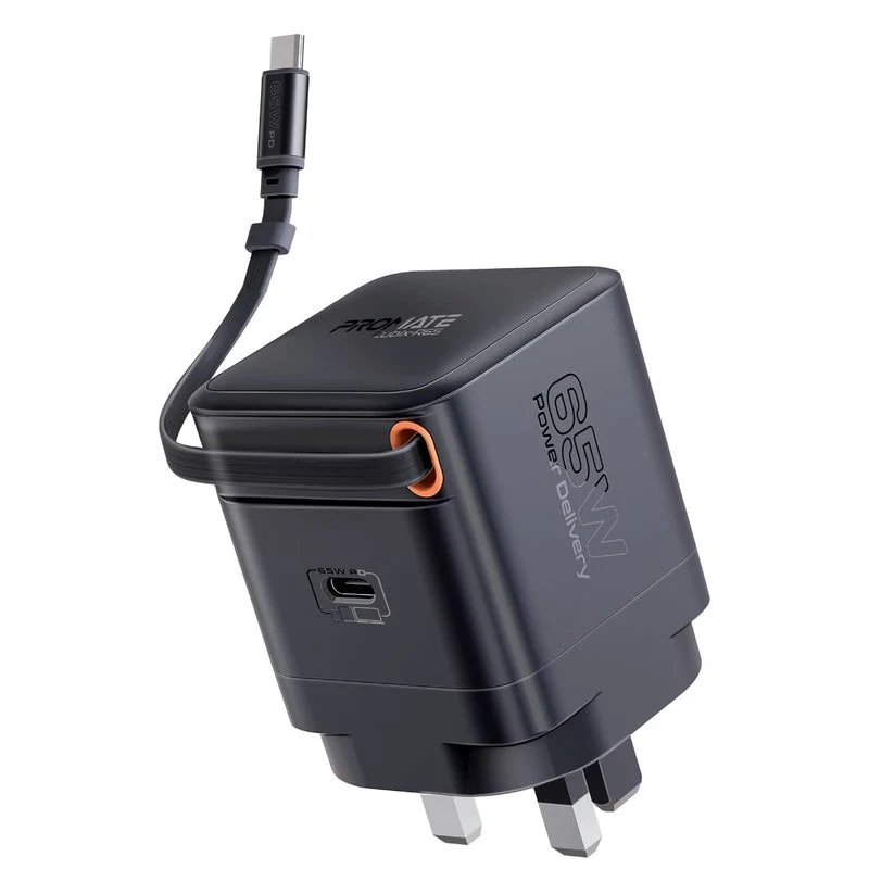 Promate 65W PD GanFast Charger with Retractable USB-C Cable