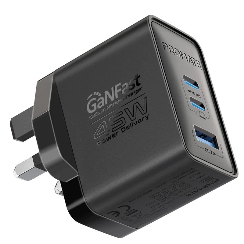 Promate 45W PD GaNFast Charger with 2 x 45W USB-C