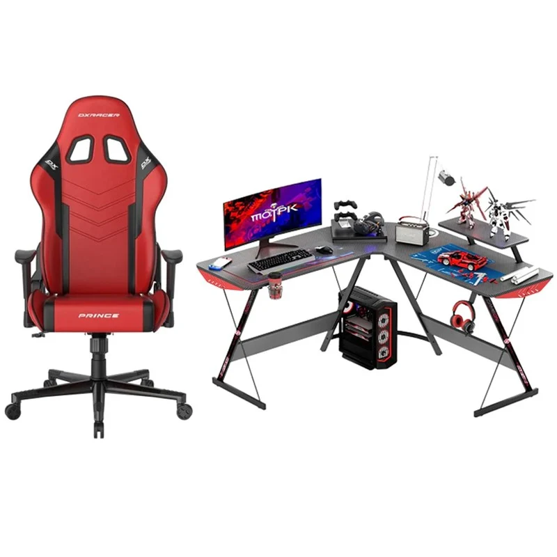 DXRaxer Prince-L-PVC Leather Red/Black + GAMEON L-Shaped Slayer I Series Gaming Desk