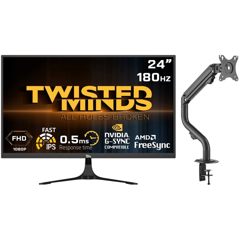 Twisted Minds 24" FHD FAST IPS, 180Hz, 0.5ms, HDMI 2.0 Gaming Monitor - Black with Twisted Minds Monitor Arm