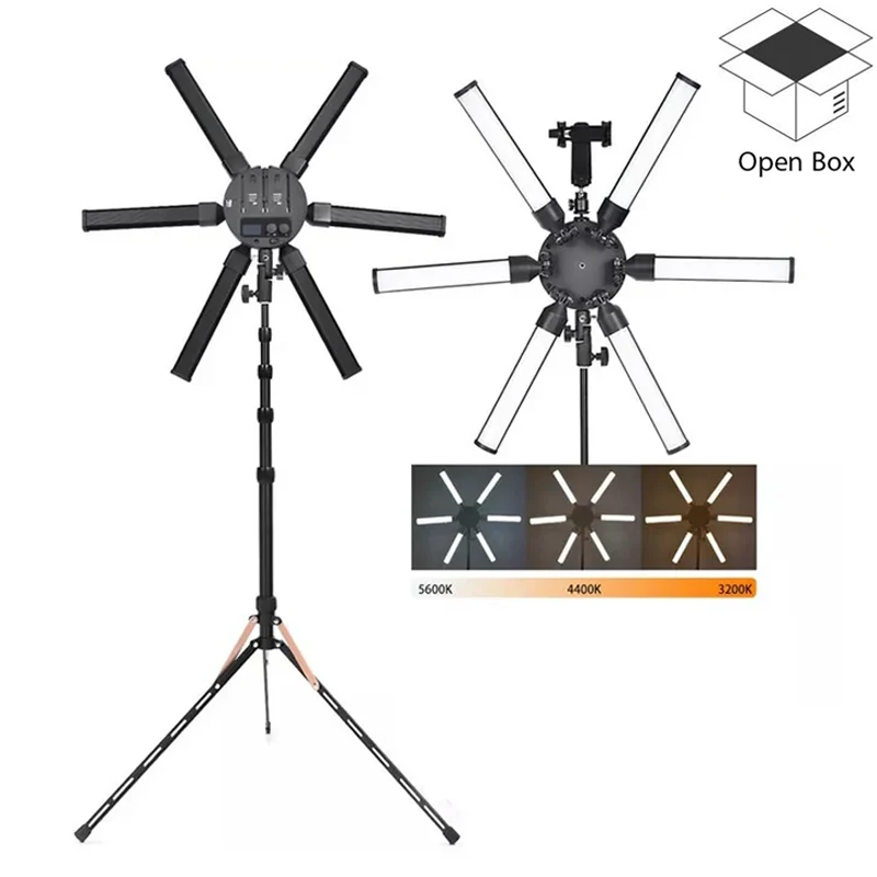 Adjustable LED 6 Star Tube Selfie Ring Light Tripod Stand For Beauty Makeup, Photography (1 x Bag, 1x Phone Holder, 1x Ball Head, 1x Power Adapter, 1x Plug, 1x Manual, 1x Tripod stand) - Black - Open Box