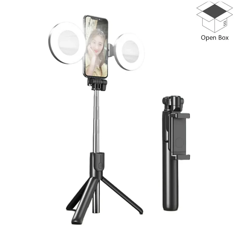 Multifunctional Bluetooth Selfie Stick, Tripod Phone Holder With 2 LED Ring Light And Remote - Black - Open Box