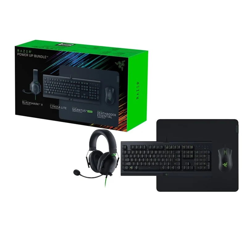 Razer Power Up Bundle V2, BlackShark V2 X Gaming Headset, Cynosa Lite Gaming Keyboard, Gigantus V2 Large Gaming Mouse Mat, Deathadder Essential Gaming Mouse - Black