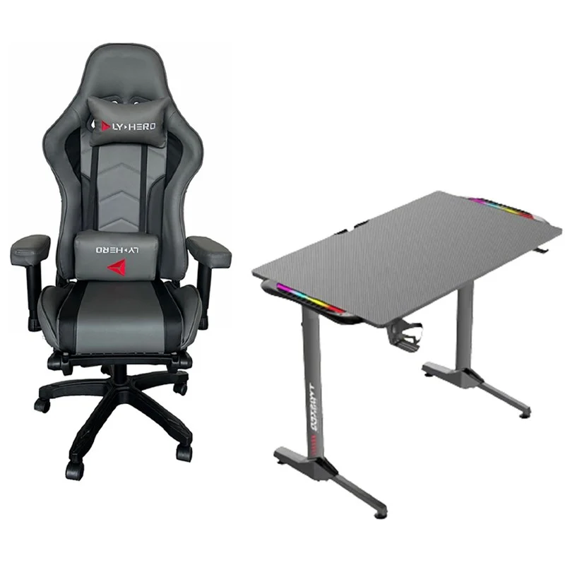 Hero Gaming Chair - Leather Dark Grey + Twisted Minds T Shaped RGB Gaming Desk