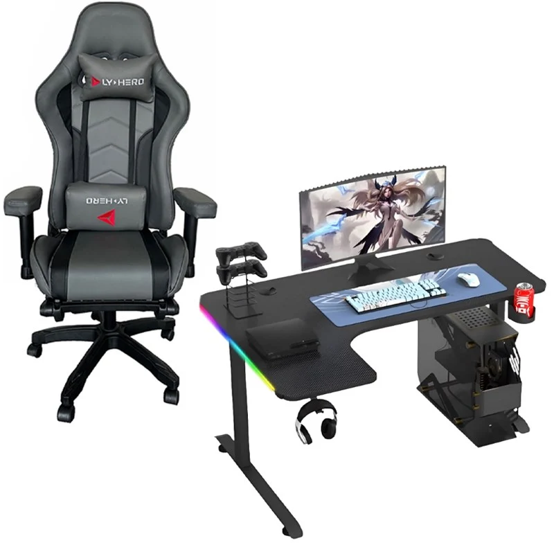 Hero Gaming Chair - Leather Dark Grey + Gamer King L Corner RGB Gaming Desk