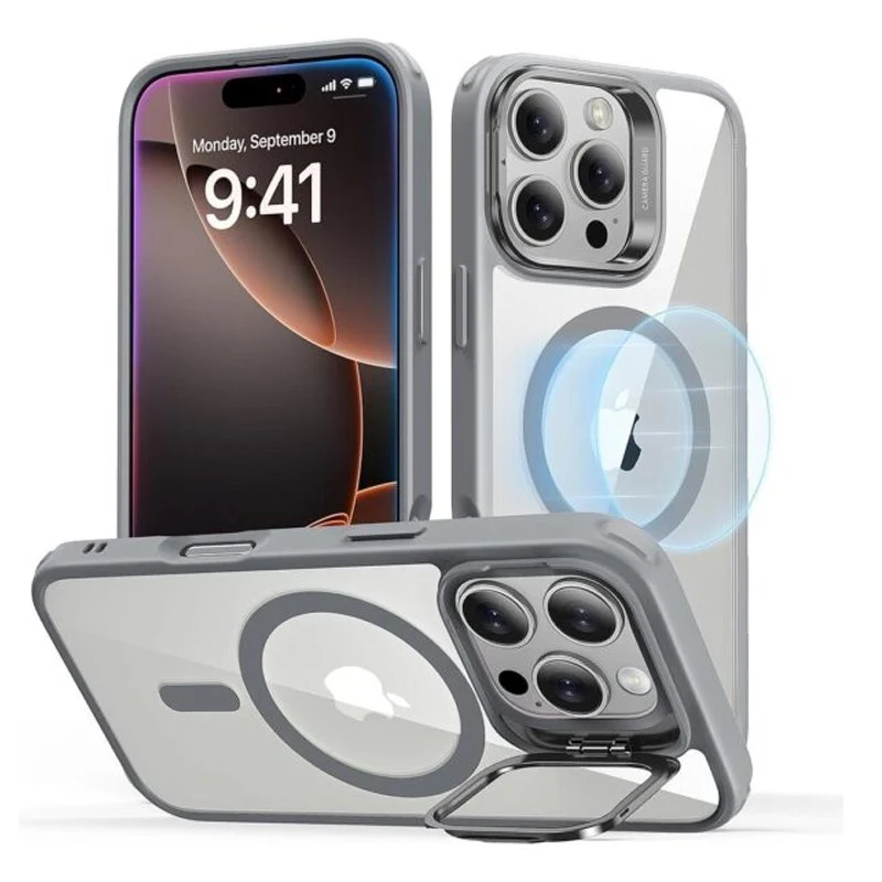 ESR iPhone 16 Pro Hybrid HaloLock with Stash Stand Case - Clear Grey